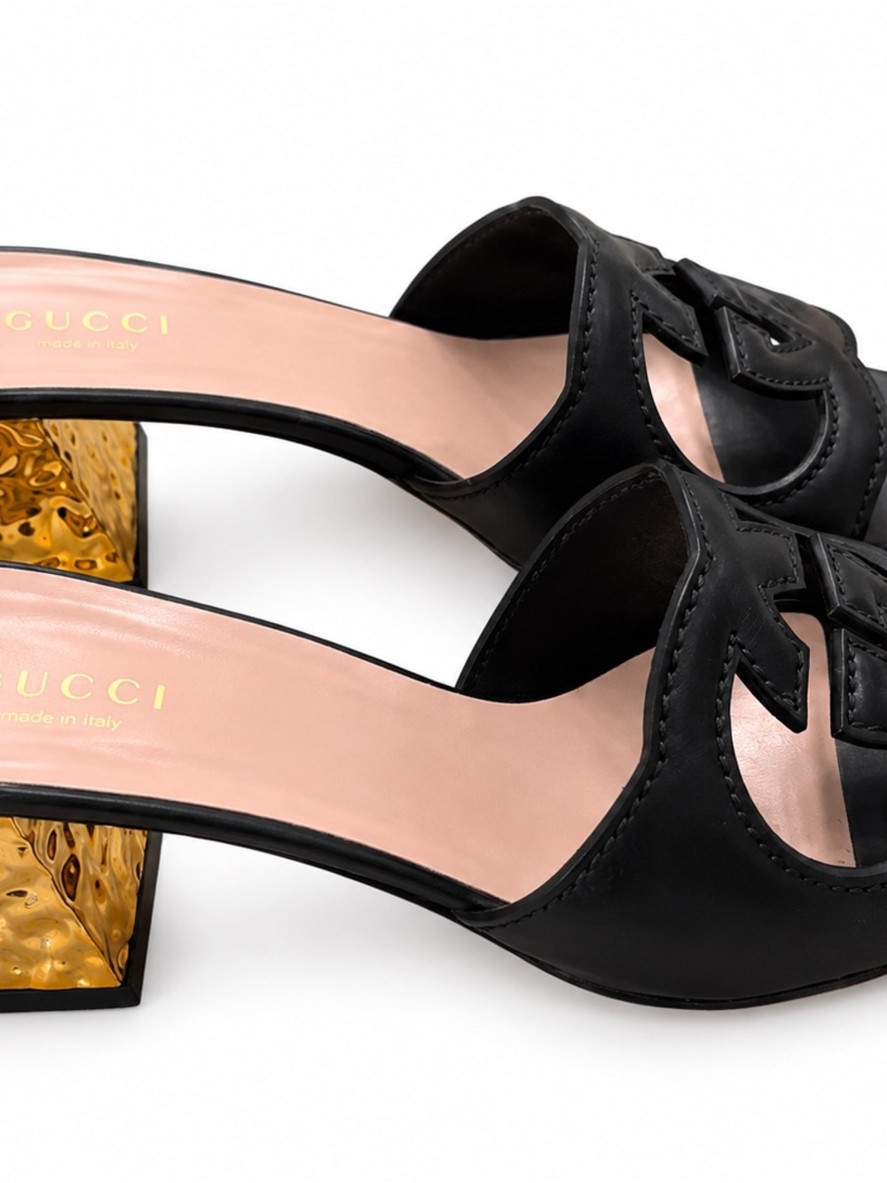 Gucci Black Leather GG Cutout Mule with Gold Block Heel - Picture 2 of 4